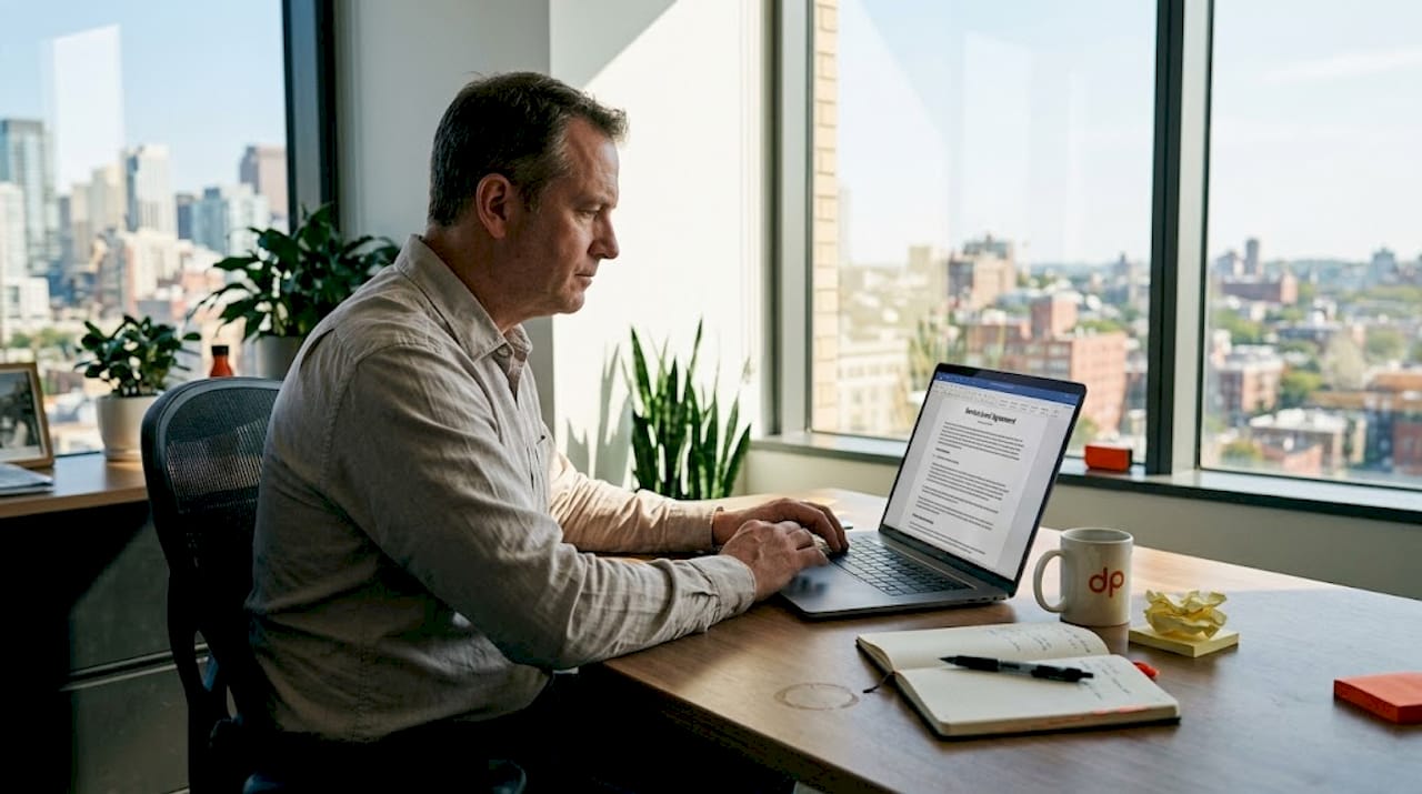 IT manager reviewing SLA contract in office