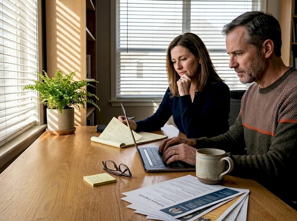 CEO and CTO reviewing resumes together at desk