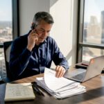 IT director reviewing resumes in sunlit corner office