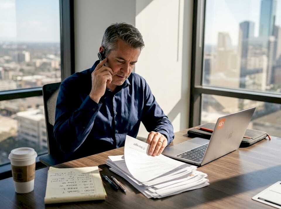 IT director reviewing resumes in sunlit corner office