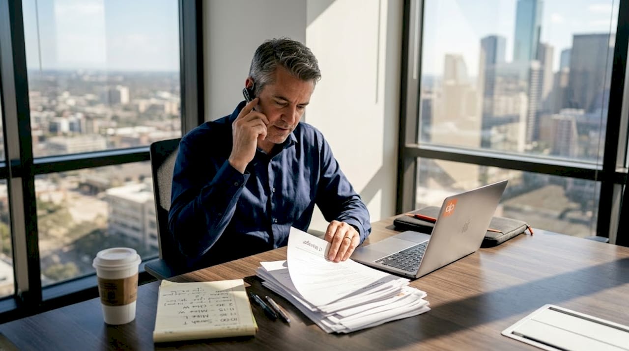 IT director reviewing resumes in sunlit corner office