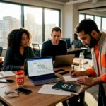 Project team collaborating in open office workspace