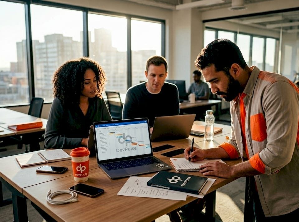 Project team collaborating in open office workspace