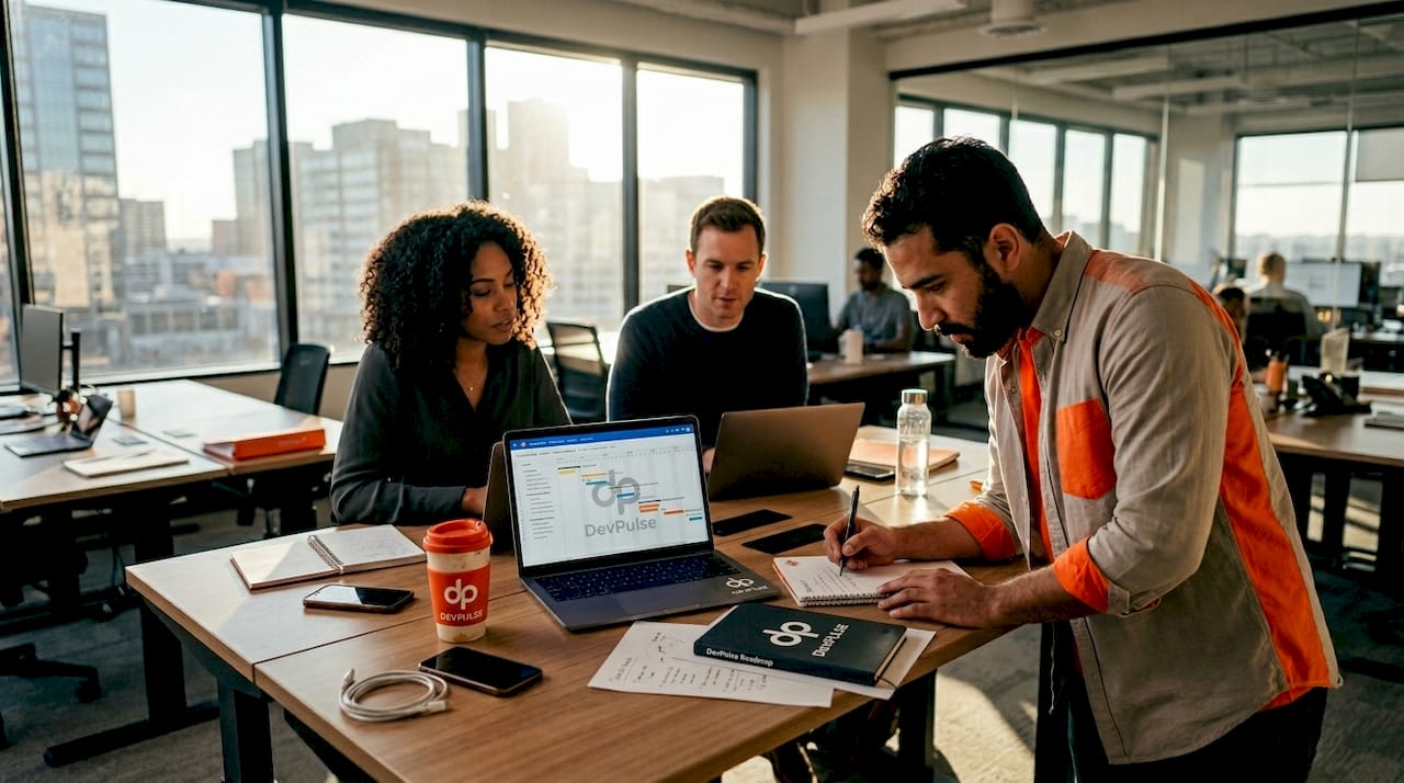 Project team collaborating in open office workspace