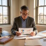 Business executive reviews IT report in spacious office