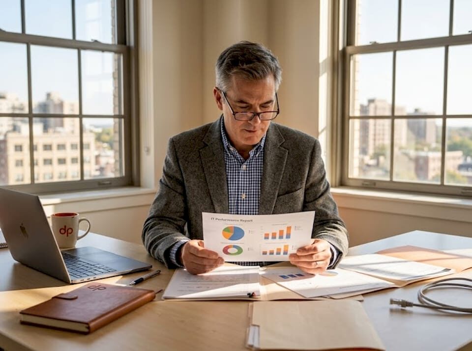 Business executive reviews IT report in spacious office