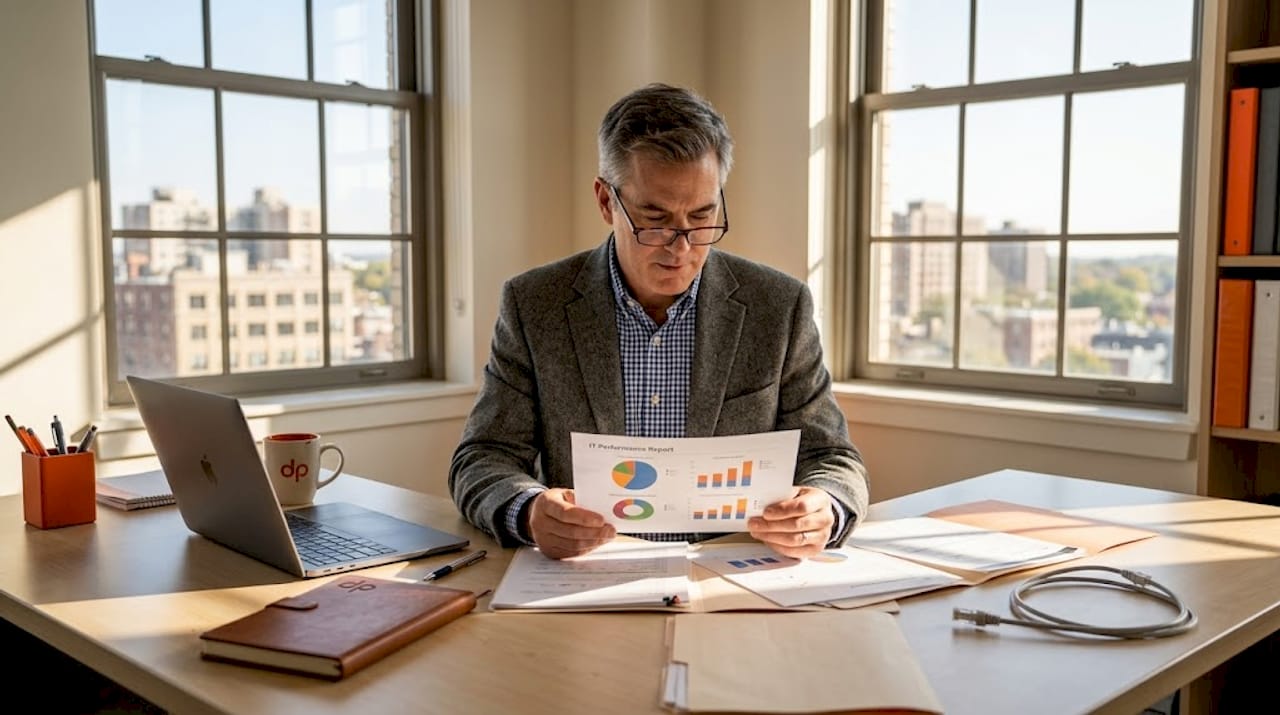 Business executive reviews IT report in spacious office