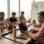 IT team collaborating in corner office