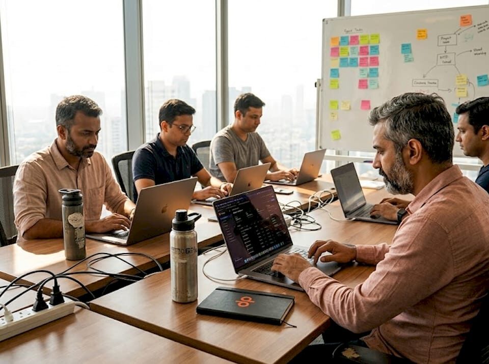 IT team collaborating in corner office