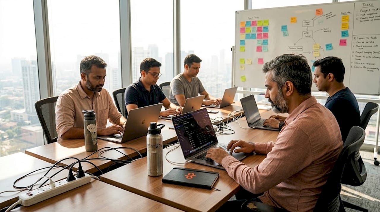 IT team collaborating in corner office