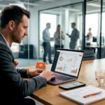 Consultant reviewing IT dashboard in corner office