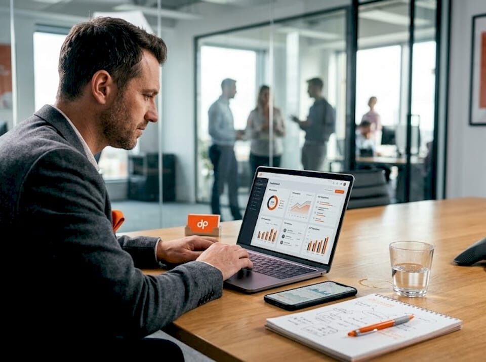 Consultant reviewing IT dashboard in corner office