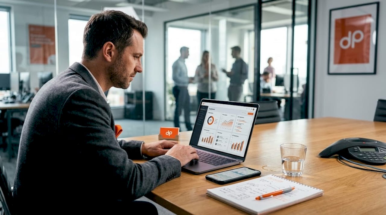 Consultant reviewing IT dashboard in corner office