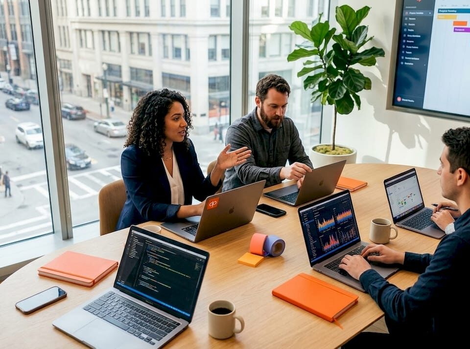 ML engineers collaborating in conference room workspace