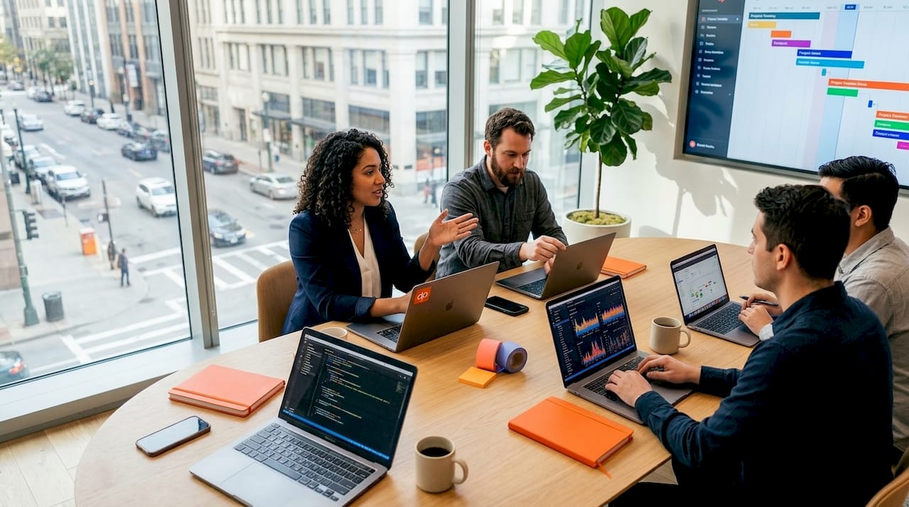 ML engineers collaborating in conference room workspace