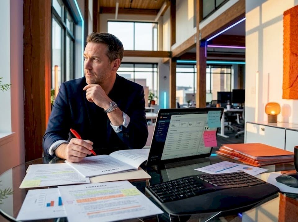 IT manager reviewing outsourcing contract documents