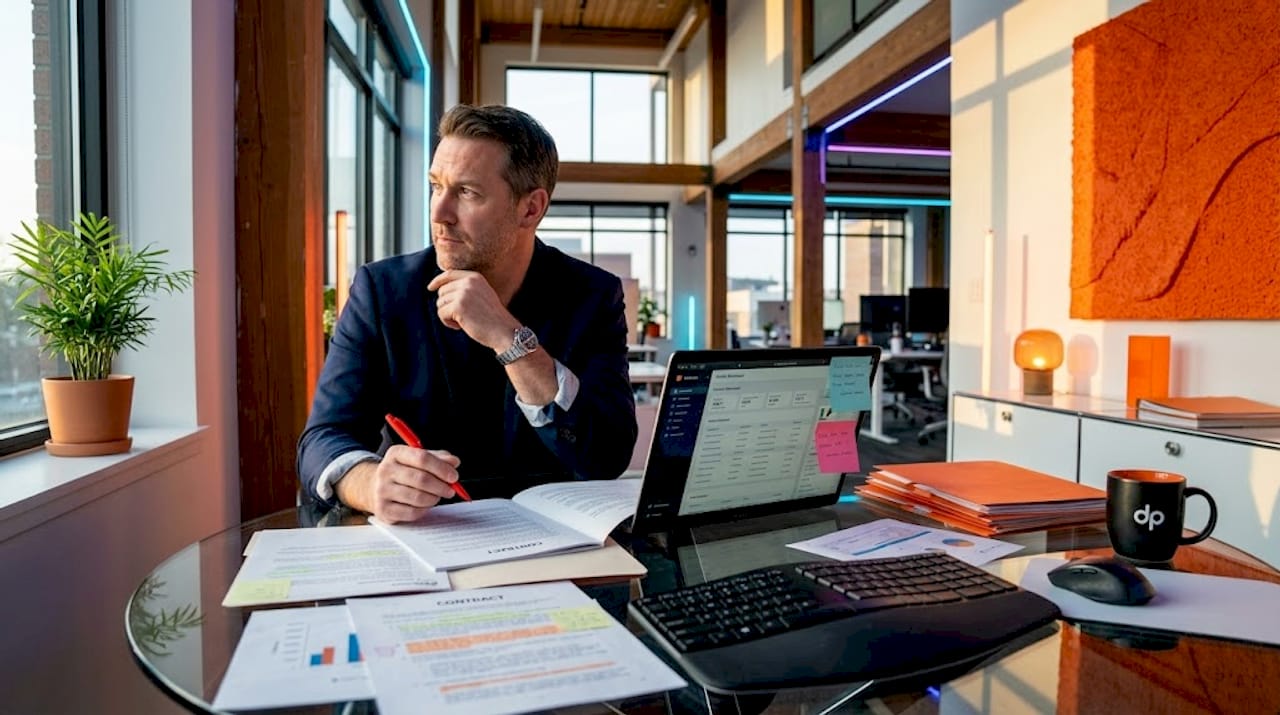 IT manager reviewing outsourcing contract documents