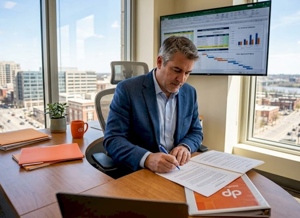 IT leader scans vendor contract in office