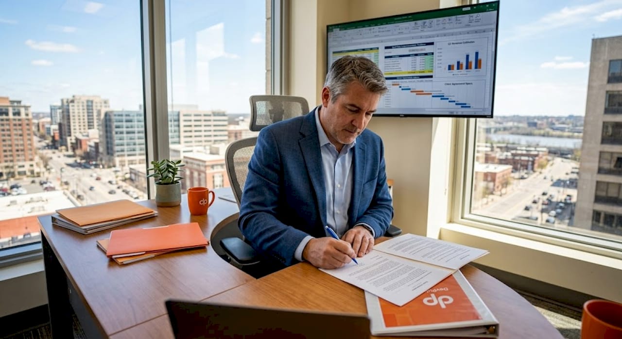 IT leader scans vendor contract in office