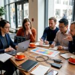 IT team collaborating over skills assessment in office