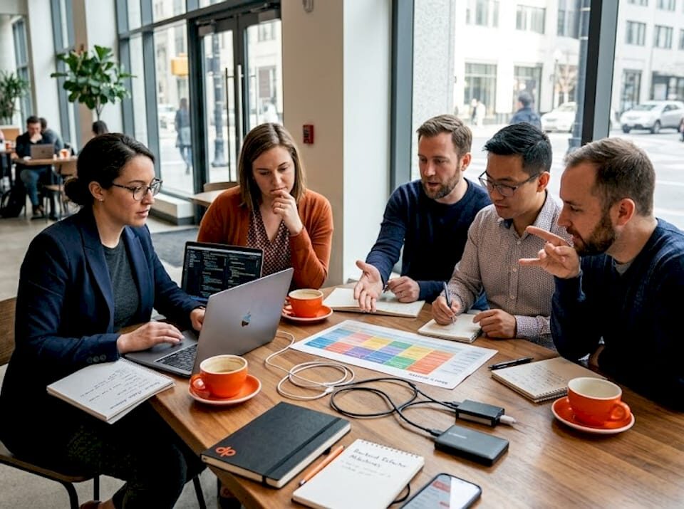 IT team collaborating over skills assessment in office