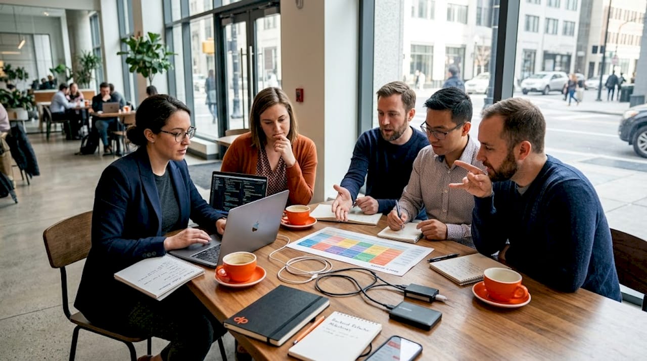 IT team collaborating over skills assessment in office