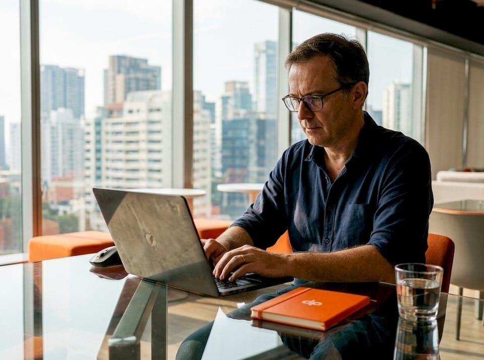 Developer coding at desk in startup office