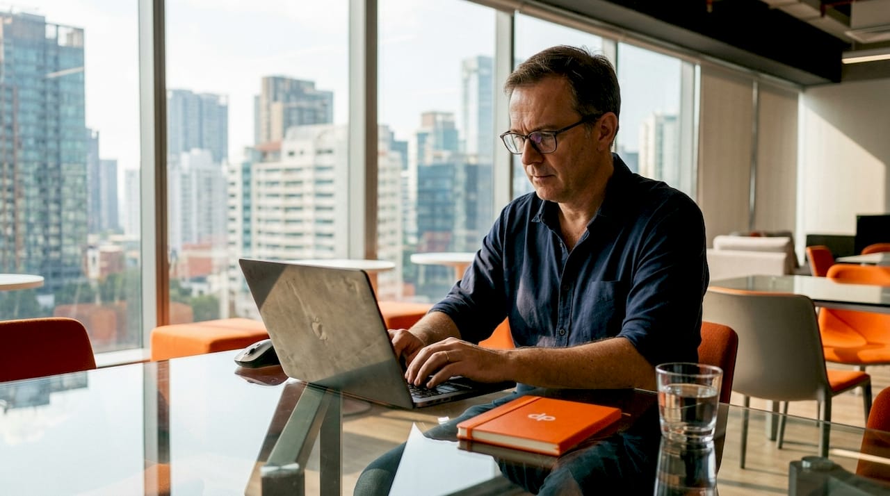 Developer coding at desk in startup office