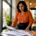 Professional reviewing global delivery workflow documents