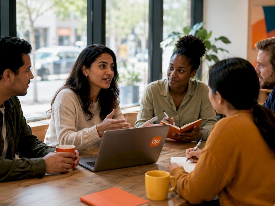 Global team in conference room collaborating