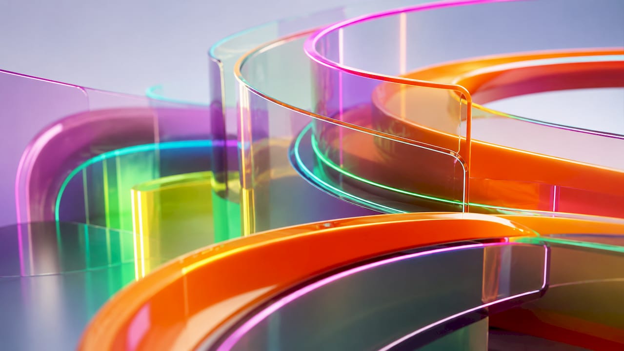 Bright 3D abstract tech shapes with glowing neon accents