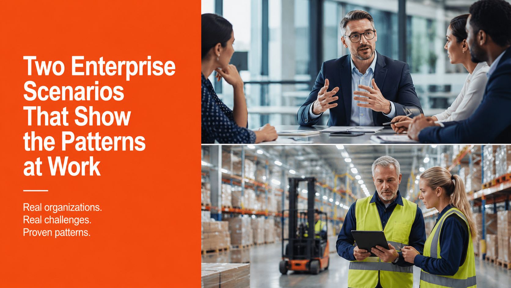 A split-screen image comparing a corporate office meeting and a warehouse operation with workers.