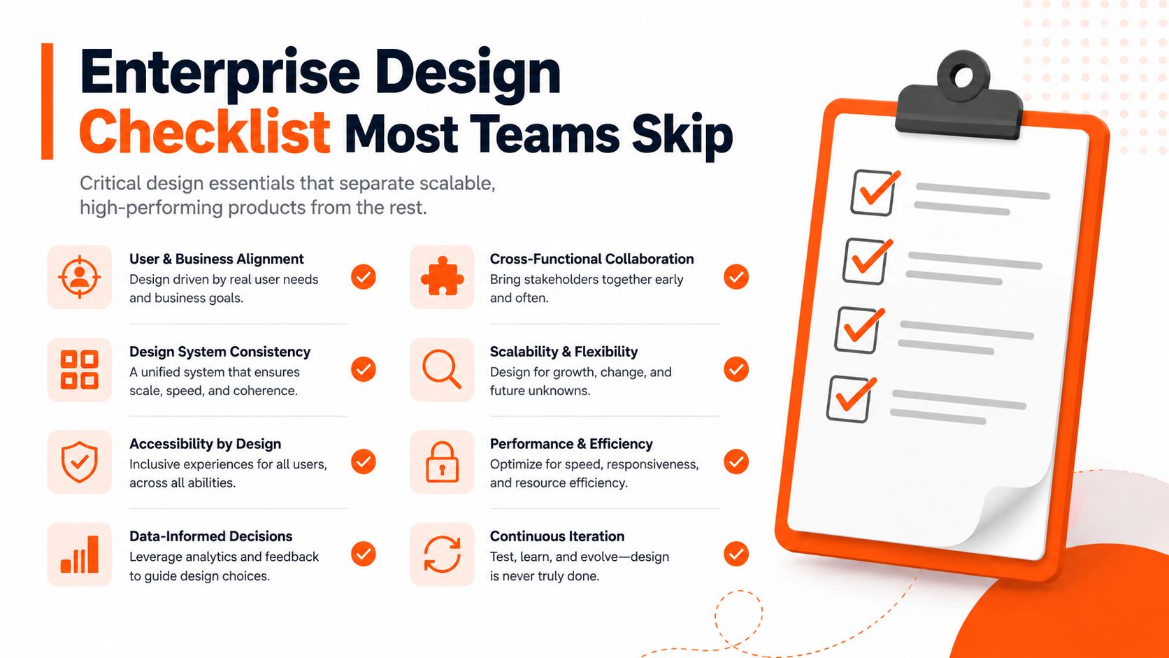 An infographic titled Enterprise Design Checklist listing eight essential principles for creating scalable and high-performing digital products.