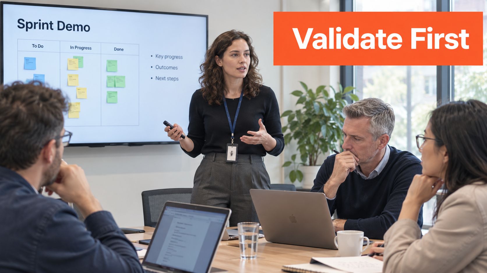 A professional woman presenting a sprint demo to her team during an agile product discovery meeting.