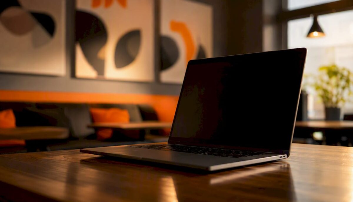 Dark tech workspace with abstract glowing elements