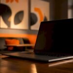 Dark tech workspace with abstract glowing elements