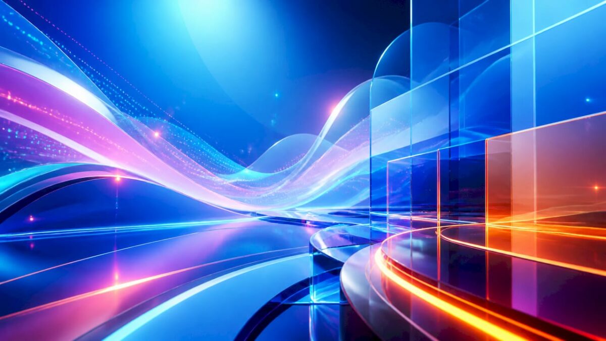 Close-up of glowing digital code with tech workspace