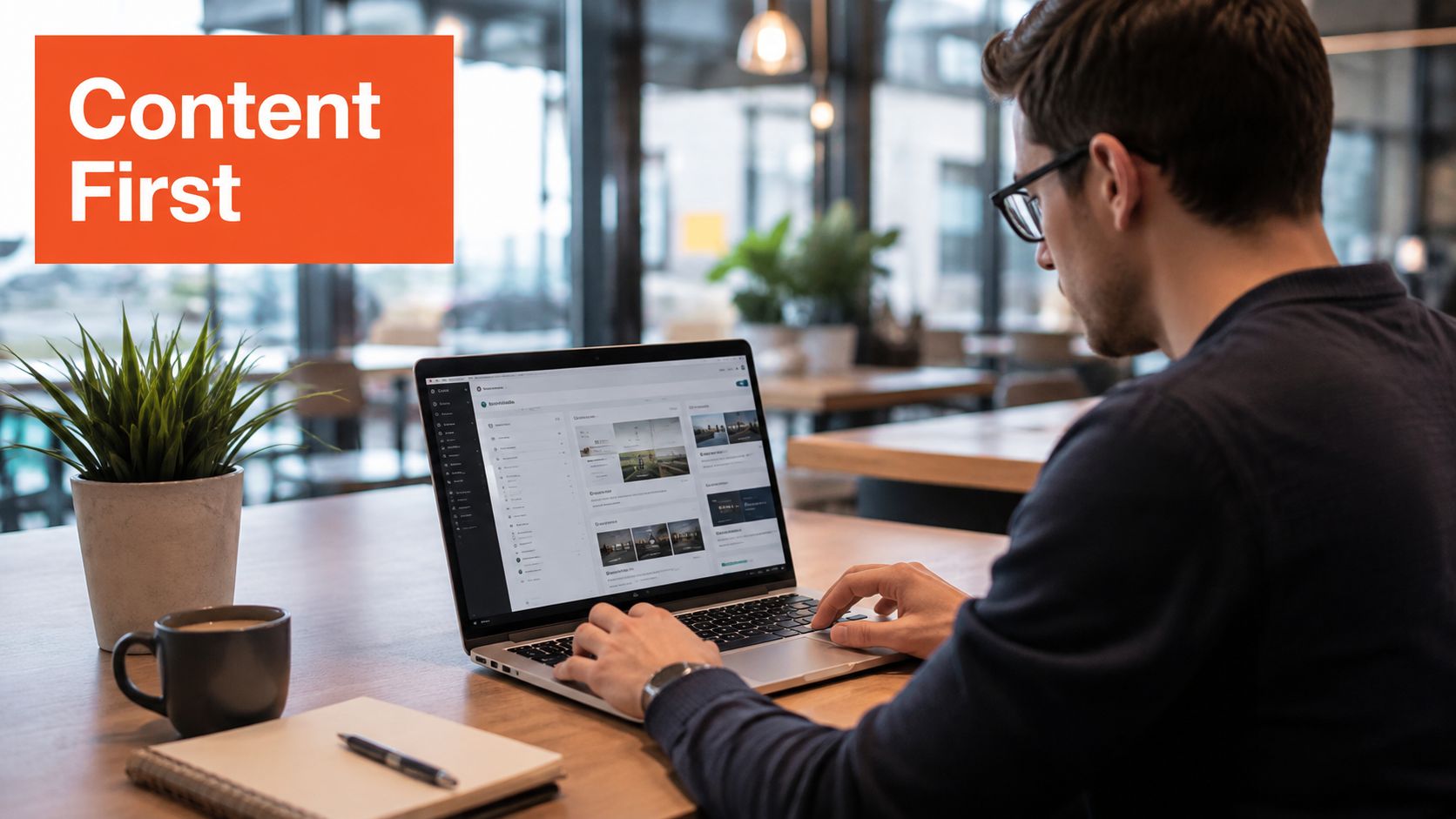 A professional man sitting at a wooden desk working on a laptop in a modern office space.