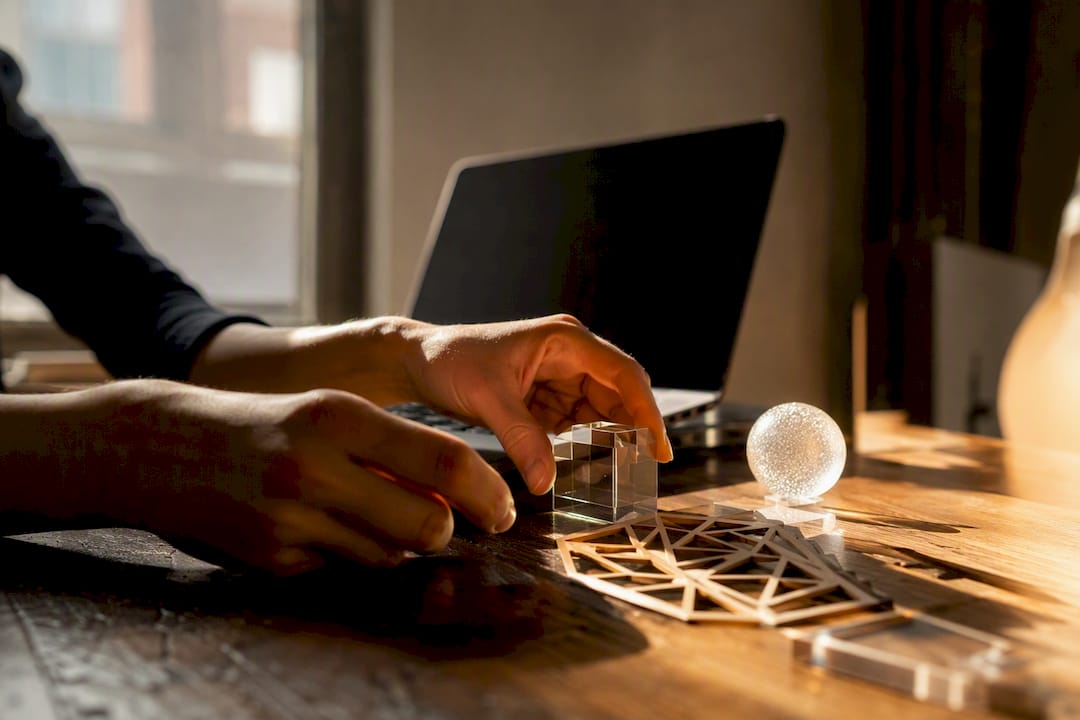 Hands placing acrylic cube on desk