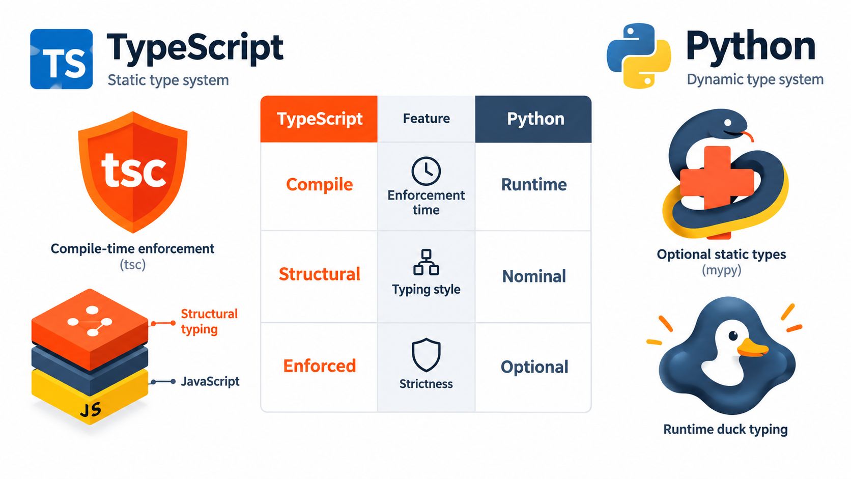 A comparison chart showing the differences between TypeScript and Python type systems, features, and enforcement methods.