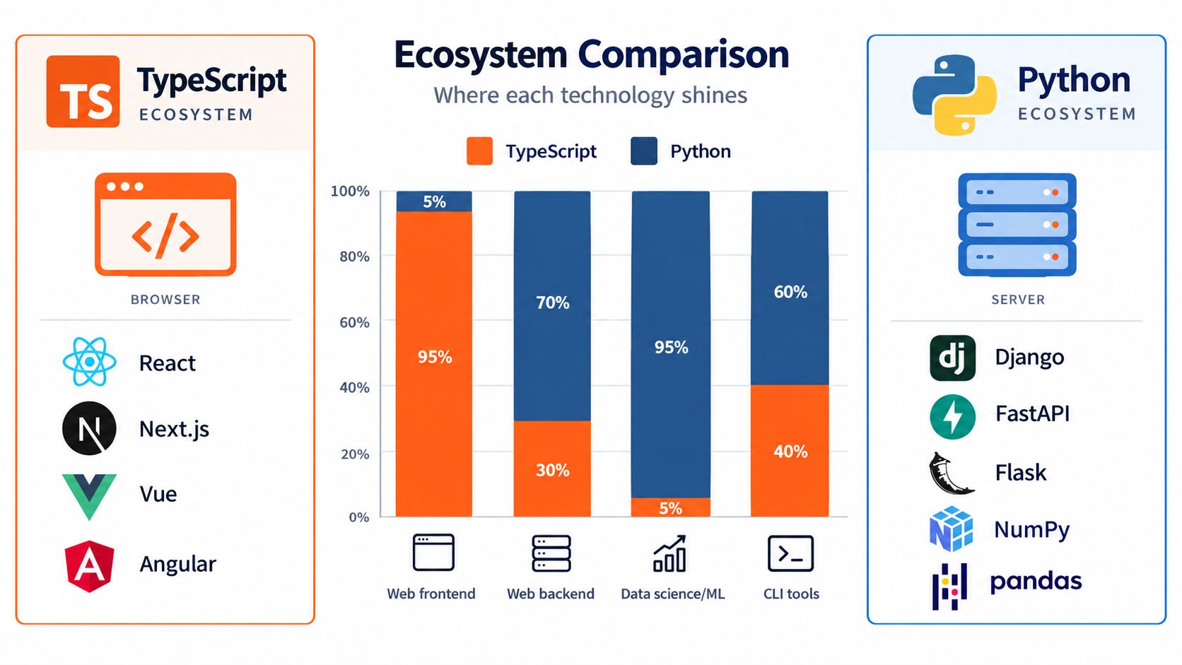 A bar chart comparing the usage of TypeScript and Python across web frontend, backend, data science, and CLI.