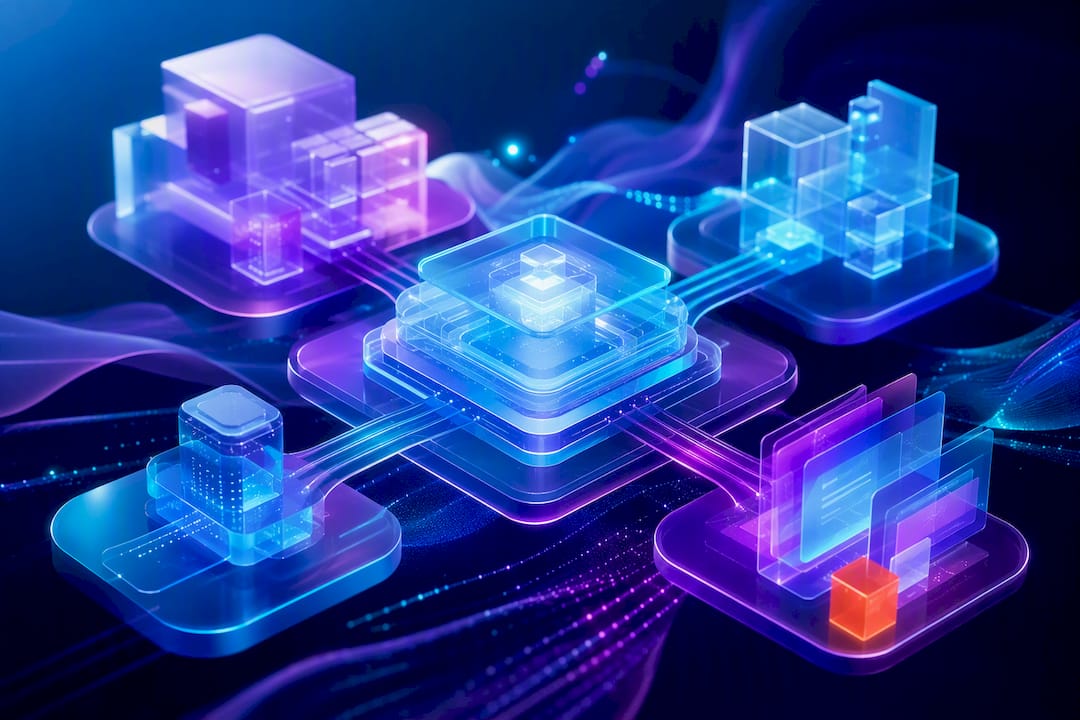 Abstract modular software architecture in glowing colors