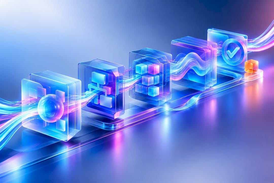 Abstract agentic AutoML pipeline with glowing stages