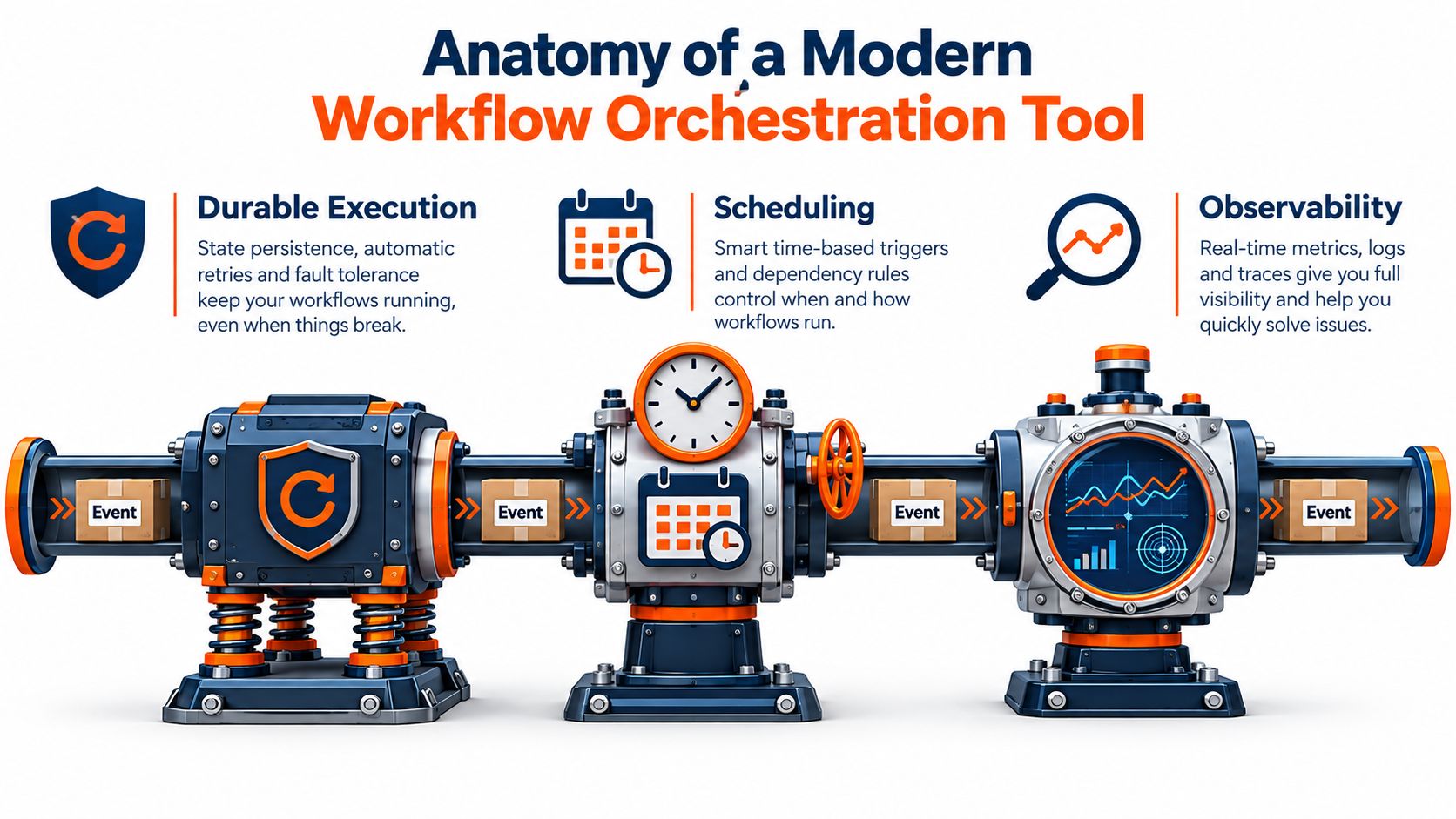 A diagram depicting the anatomy of a modern workflow orchestration tool with icons for execution, scheduling, and observability.