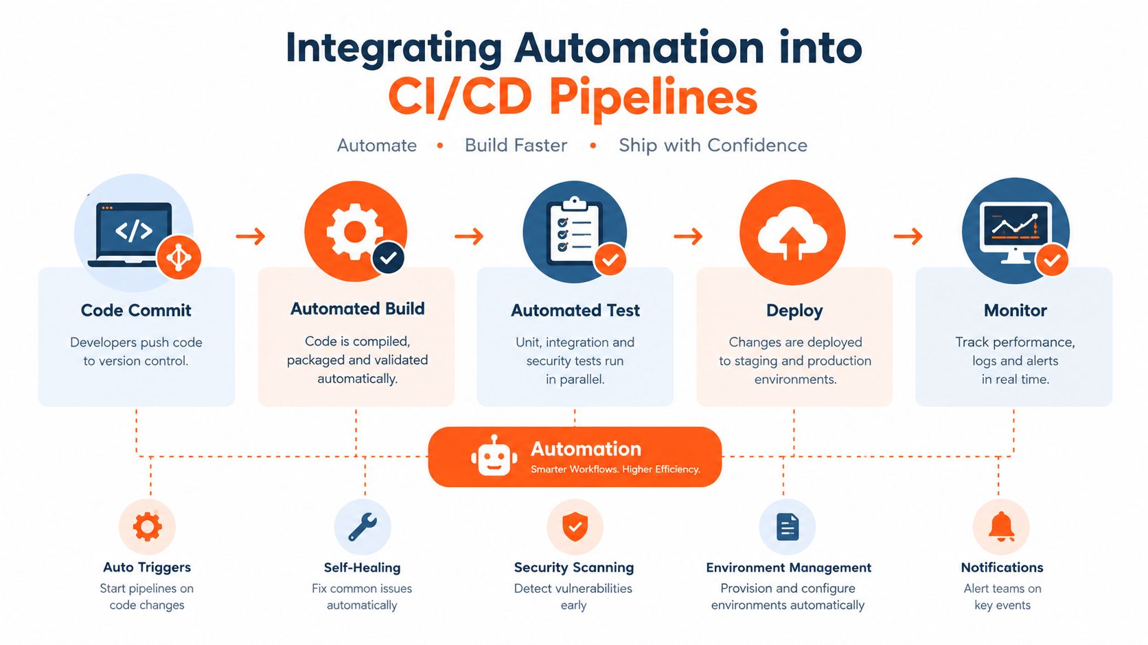 A diagram illustrating the steps of integrating automation into CI/CD pipelines from code commit to monitoring.