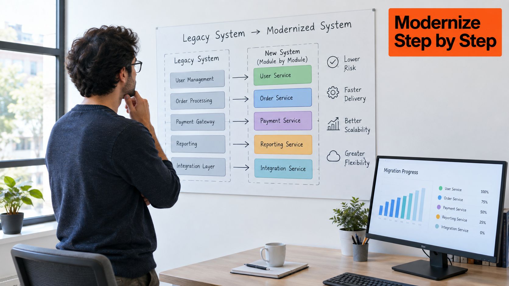 A professional analyzing a diagram of a legacy system being modernized into new modular services.