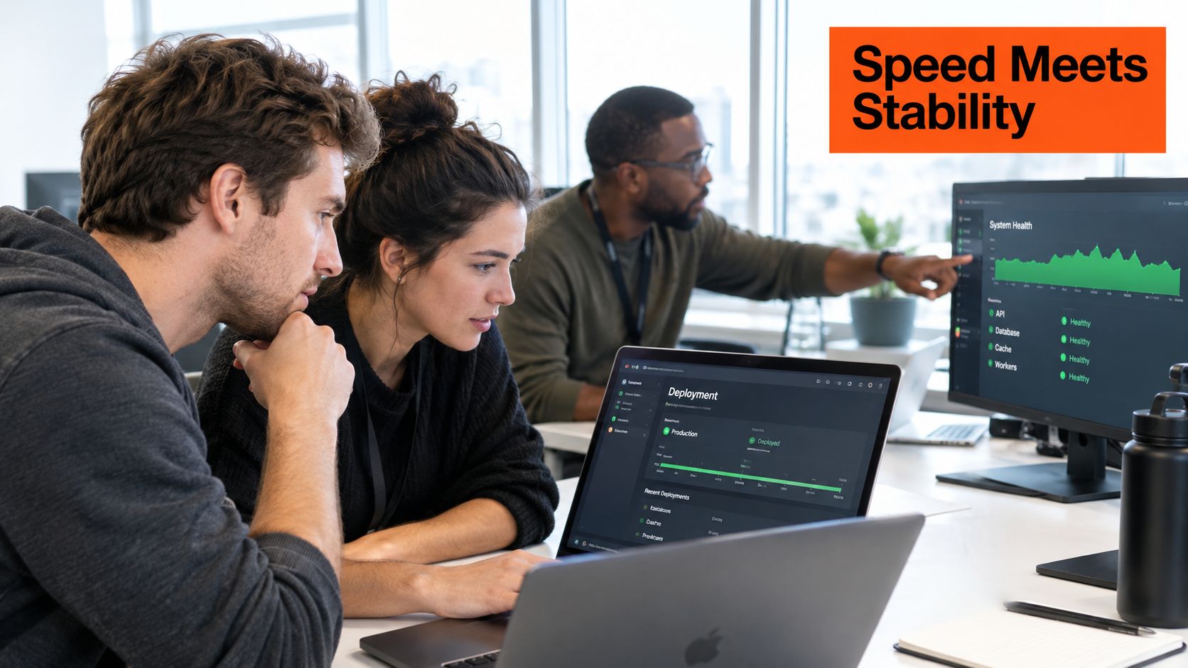 A team of three diverse developers collaborating on a software project in a modern office environment.