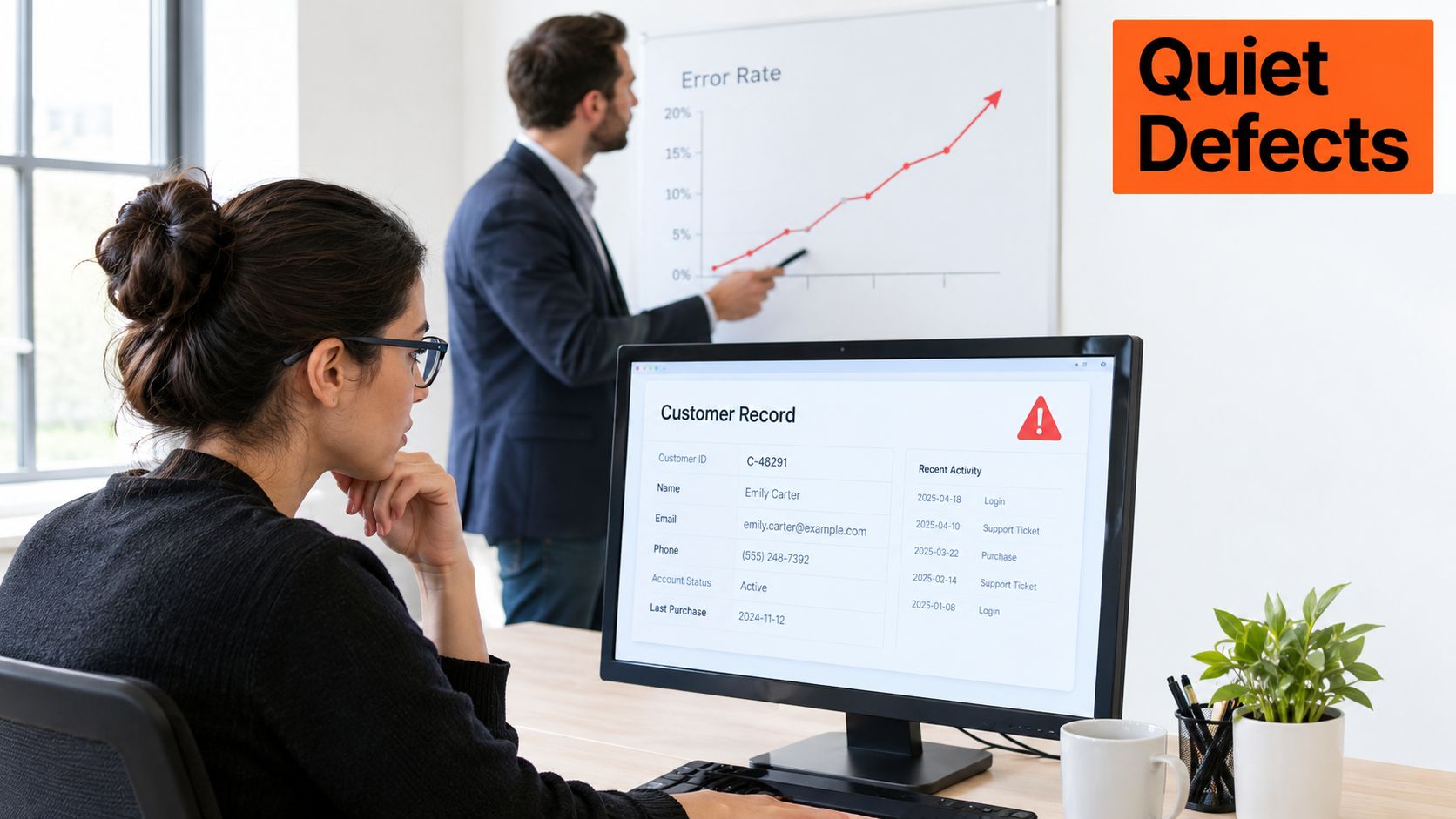 A professional analyzing a customer record on a computer screen while a colleague presents a data chart.